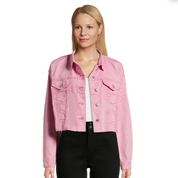 No Boundaries Cropped Raw-edge Pink Acid Wash Button Front Denim Jacket size M - Picture 1 of 14